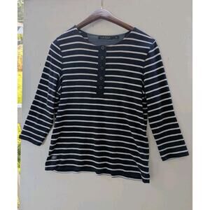 Lauren Ralph Lauren Navy Blue White Striped 3/4 sleeve Shirt Size Large
